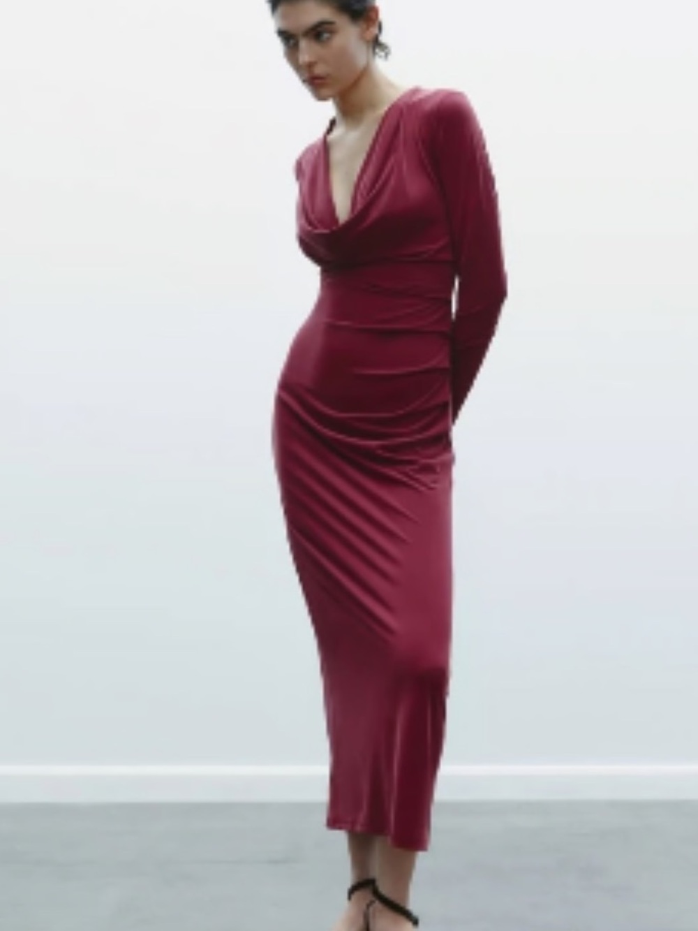 NWT 🍷 Zara Wine-Red Long-Sleeve Cowl-Neck Maxi Dress size L - Picture 5 of 7